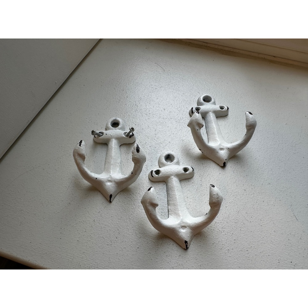 Set of 3 White Cast Iron Anchor Wall Hooks Nautical Coastal Maritime Decor